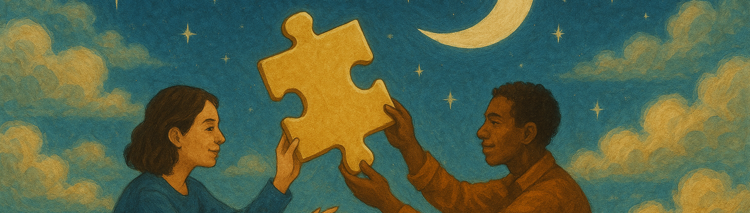Drawing of a woman and a man holding jigsaw piece