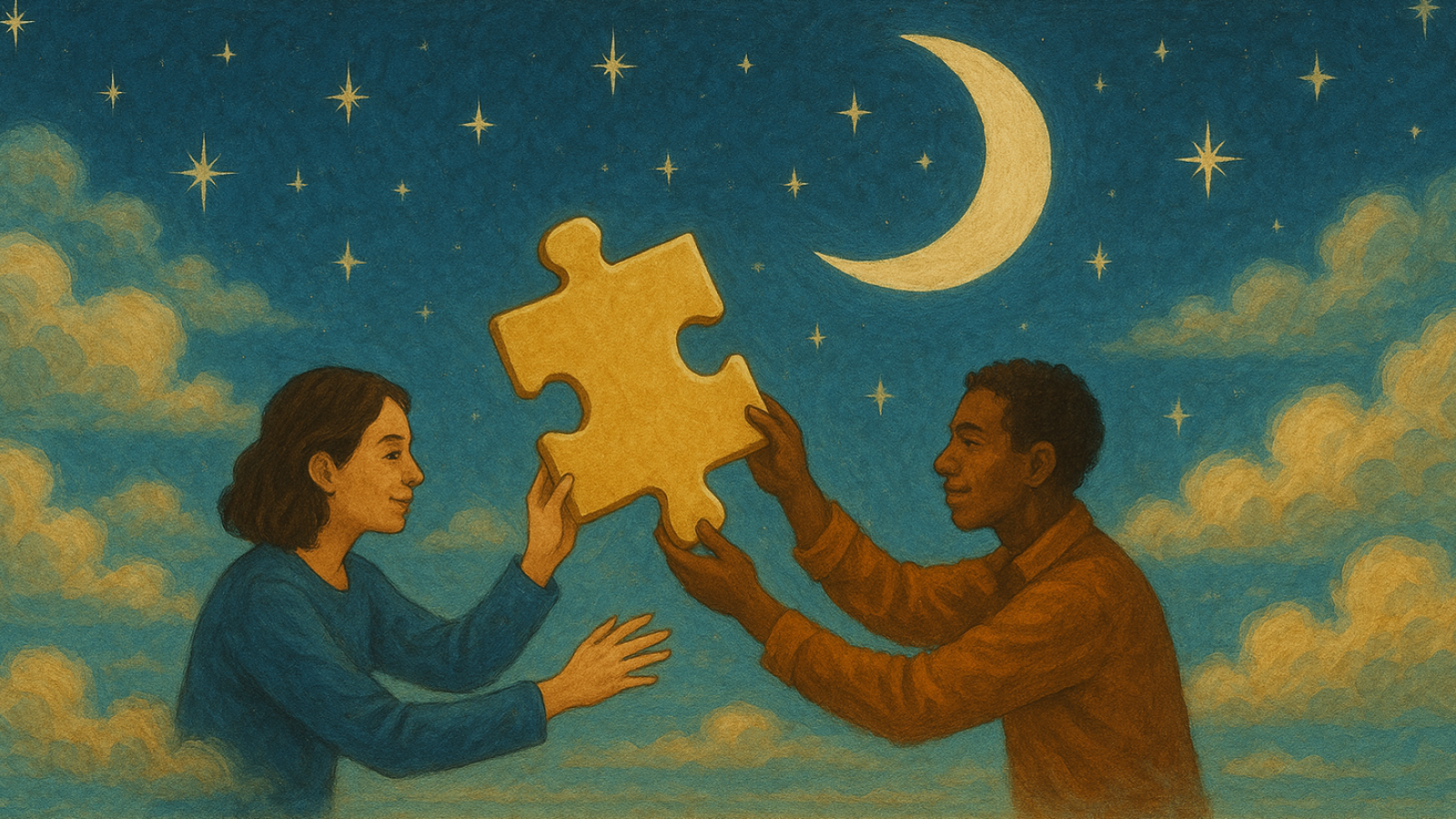 Drawing of a woman and a man holding jigsaw piece